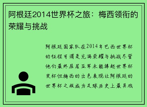 阿根廷2014世界杯之旅：梅西领衔的荣耀与挑战